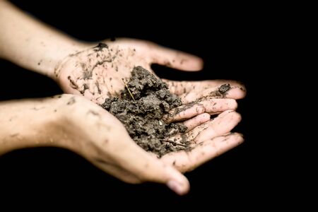 Close up of hands of a farmer holding new fresh soil after rain in his hands and showing to the camera.の写真素材