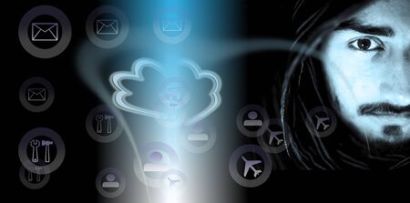 Low key portrait with various work icons indicating versatility and multi-purpose project with...