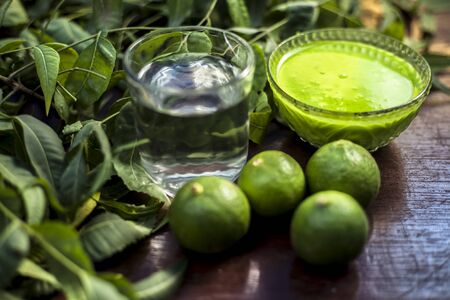 Hair remedy of all-purpose ayurvedic medicinal herb i.e. Neem or Nim or Indian lilac in a glass bowl along with neem leaves and freshwater for dandruff or hair skin itching problems.Horizontal shot.の写真素材