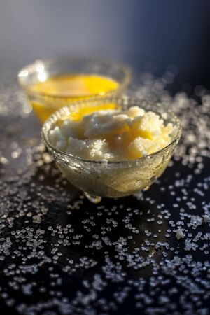 Close up of popular Indian & Asian winter drink for runner and sportsman to increase stamina i.e., raw eggs well mixed with milk and some ghee added to it with sugar as a sweetener.の写真素材