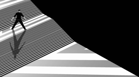 Minimalistic shot of a man doing another level creative workout and posing standing on a creative 3d striped background. Minimal people.の写真素材