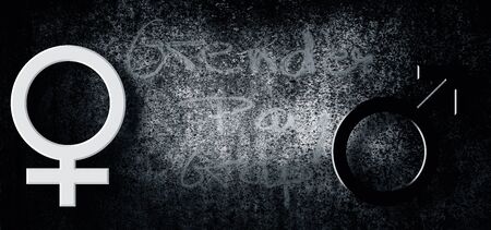 Equal pay, Equal wages concept on a rough wall with creativeness. Shot of gender pay gap written on the rough wall with mare and venus sign/ male and female sign.の写真素材