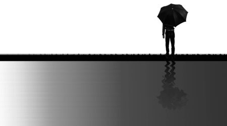 Creative minimalistic shot of man silhouette standing with a black umbrella along with its diminished reflection in water like below him, horizontal shot in black and white colors.の写真素材