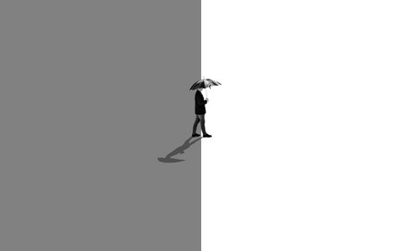 Silhouette of a businessman holding an umbrella on a white backgroundの写真素材