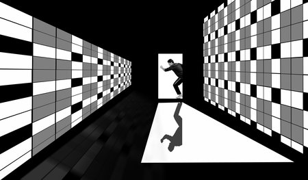A 3D render of a person walking towards a door in a maze.の写真素材