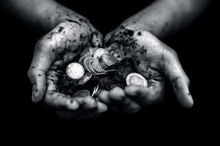 Human hand holding coins. Concept of hard horkの写真素材