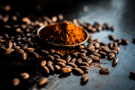 Shot of raw coffee beans and powder on a black surface.の写真素材