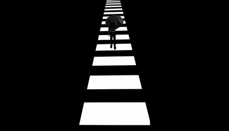 Wide angle shot of a man walking down the street, minimalistic shot, a man walking in his imaginary world, artistic designs on the wall, high-quality image. Black and white image.;の写真素材