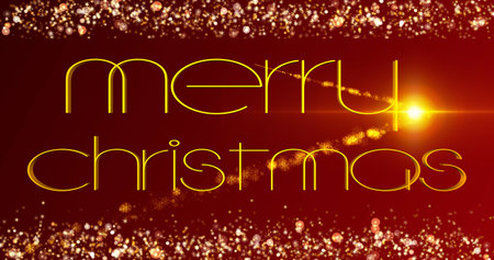 Elegant 3D Merry Christmas Greeting Message on Red Background with Sparkling Gold Snowflakesの写真素材