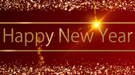 Happy New Year in sparkling gold with stars and snowflakes, set against a beautiful background for celebration. Perfect for festive events with sparkle, glow, and shiny golden accents for a party atmosphere.の写真素材