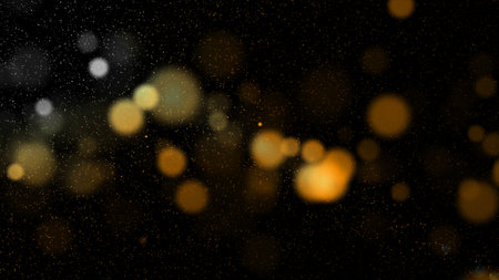 Abstract Dust Particles Floating in the Air on a Black Background, Slow Motion Effect with Hovering Golden Particles, Animated Overlay, Looping 4K Animation of Flying Dust Particles.の写真素材
