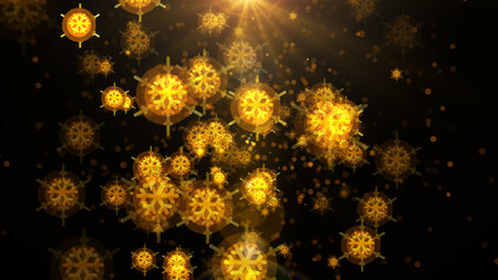 Golden Snowflakes and Sparkling Stars: Glitter Dust, Gold Particles, and Bokeh Create a Futuristic, Magical Loop with Shimmering Effects on a Black Background for Celebrations and Luxury.の写真素材