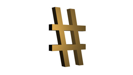 3d rendering of a golden hashtag sign isolated on white background.の写真素材