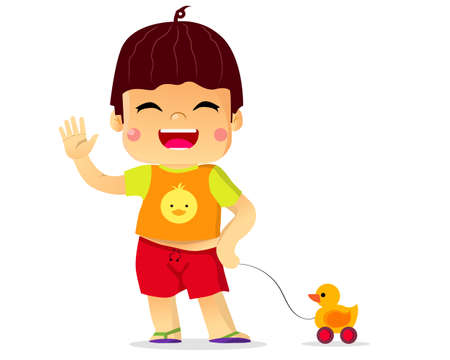 Cute little chubby boy play duck toy use sandalsのイラスト素材