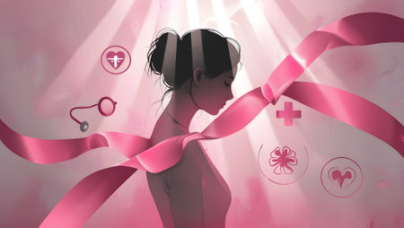 Young woman with pink ribbon around her neck. 3D illustration.の素材