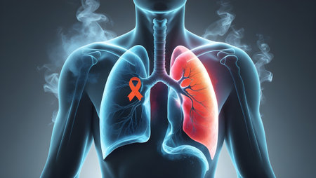 Lungs anatomy and red awareness ribbon. 3D illustration.の素材
