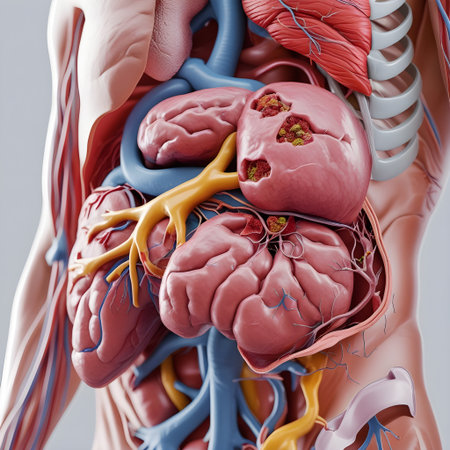 Human body anatomy, 3D illustration. Human digestive system and circulatory systemの素材
