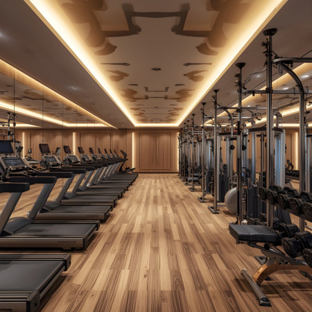 Interior of a modern gym with fitness equipment. 3D renderingの素材