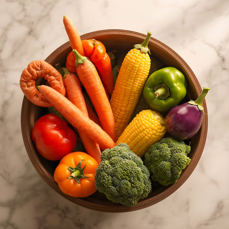 Vegetables in a wooden bowl on a white marble background.の素材
