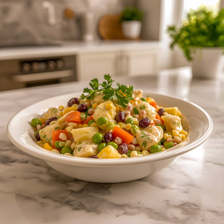 Vegetable salad with potato, chickpeas, carrots, beans, peas and parsleyの素材