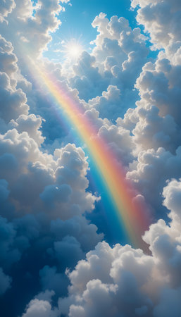 Beautiful rainbow in blue sky with white clouds and sun rays.の素材