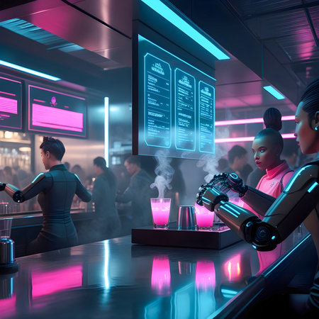 Side view of male and female cyborgs working together in a coffee shop.の素材