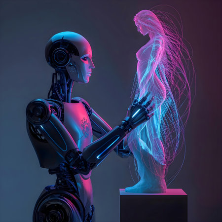 Humanoid robot with human body in neon light. 3D renderingの素材