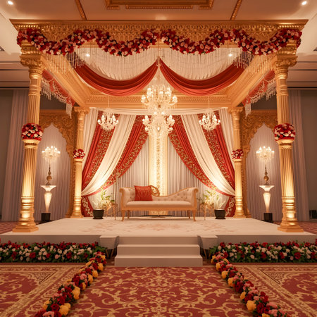 Interior of a beautiful hall decorated with red flowers and candles.の素材
