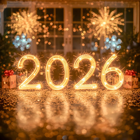 Happy New Year 2016 with bokeh lights and gift boxes.の素材