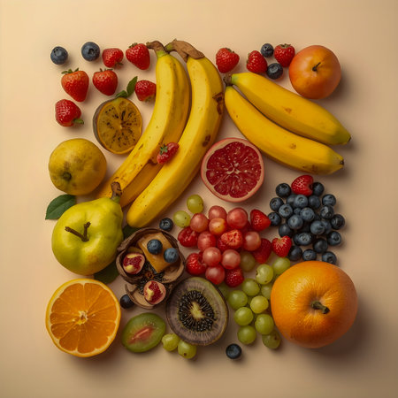 Fruits and berries on a beige background. Top view.の素材