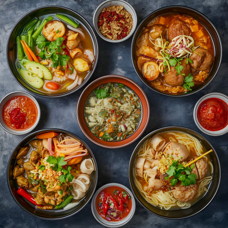 Asian cuisine. Noodle soup in bowl on dark background. Top viewの素材