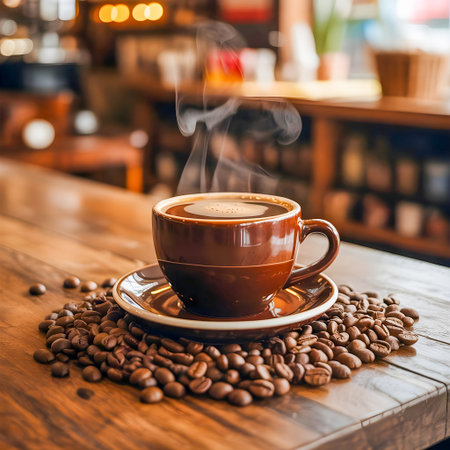 Coffee cup and coffee beans on wooden table in coffee shopの素材
