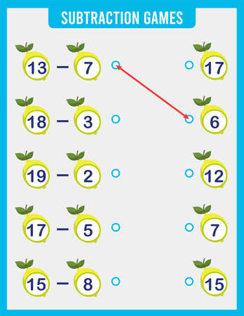 Educational page for young children on addition and subtraction. Printed worksheet for children's math textbooks. Solve examples and write the numbers. Workbook. Mathematics education.のイラスト素材