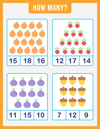 Educational worksheet for preschool children. Count fruits and vegetables. Math game for children.のイラスト素材