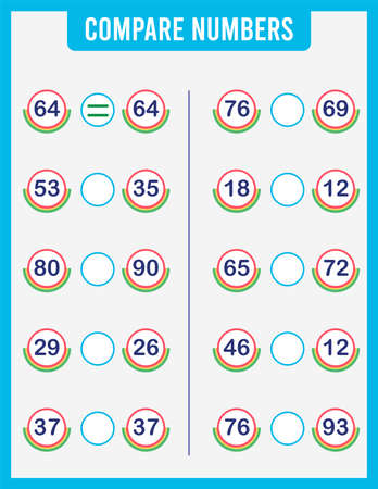 Compare numbers. Putting a plus sign equals minus. Math game for preschool children. Children's activity worksheet. Learning math,のイラスト素材