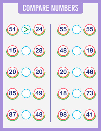 Compare numbers. Putting a plus sign equals minus. Math game for preschool children. Children's activity worksheet. Learning math,のイラスト素材