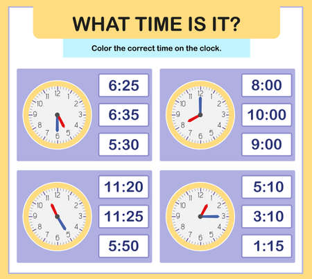 24 hour learning time. Educational activities worksheet for preschool. At the hour and a half hour, learning the clock, what time is itのイラスト素材