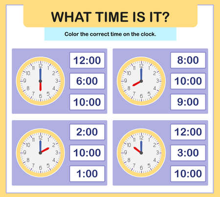 24 hour learning time. Educational activities worksheet for preschool. At the hour and a half hour, learning the clock, what time is itのイラスト素材