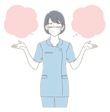 Illustration expression set of a woman wearing a mask wearing a hand-drawn style uniformのイラスト素材