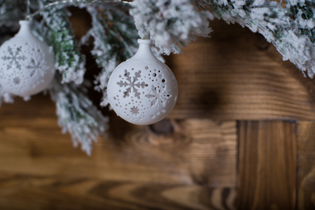 Christmas composition. fir-tree branches, pine cones and blue ballsの写真素材