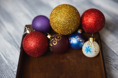 Christmas garlands in a wooden boxの写真素材