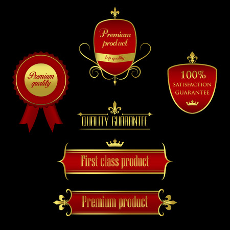 Collection of golden - red labels and frames marking the product quality のイラスト素材