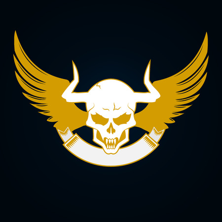 Illustration of a skull with horns, wings and emblem templateのイラスト素材