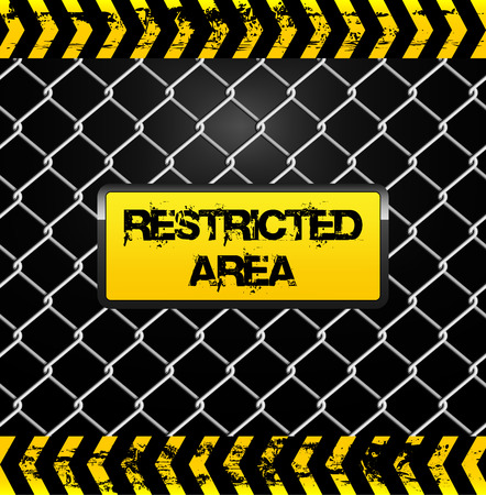 Restricted area sign - wire fence and yellow tapes illustrationのイラスト素材