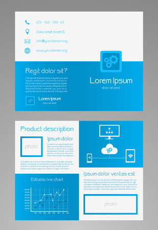 Professional business brochure template in modern blue and white design with a lot of icons and line chart  Size is 8,5 x 11 inchesのイラスト素材