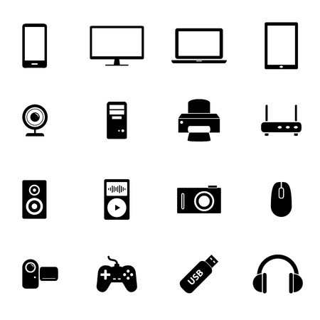 Set of black flat icons - PC hardware, computer parts and electronic devicesのイラスト素材