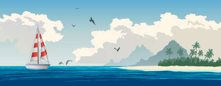 Turquoise ocean, tropical island, palm trees, white sand beach, yacht, seagulls, dolphinsのイラスト素材