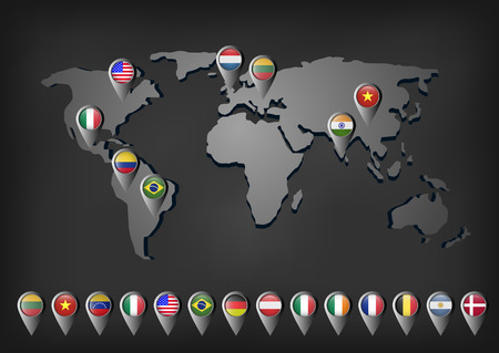 Vector flags markers on the world mapのイラスト素材