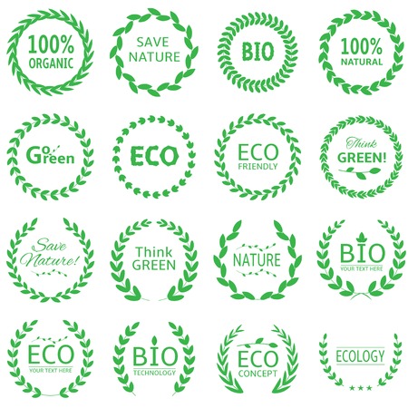 Eco and bio concept icon set. Natural and organic emblems with green laurels.のイラスト素材