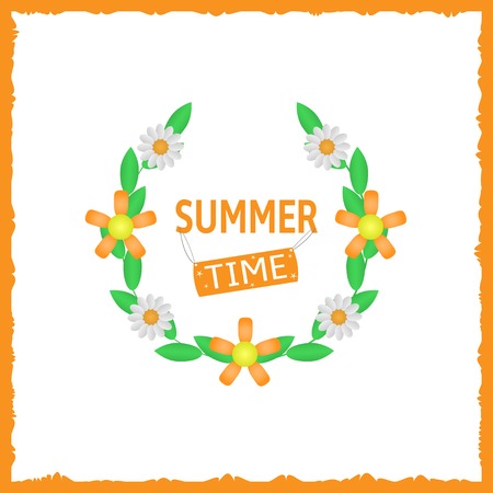 Summer time text with green laurels and flowers on the white background and orange decorative frame. Vector illustration.のイラスト素材